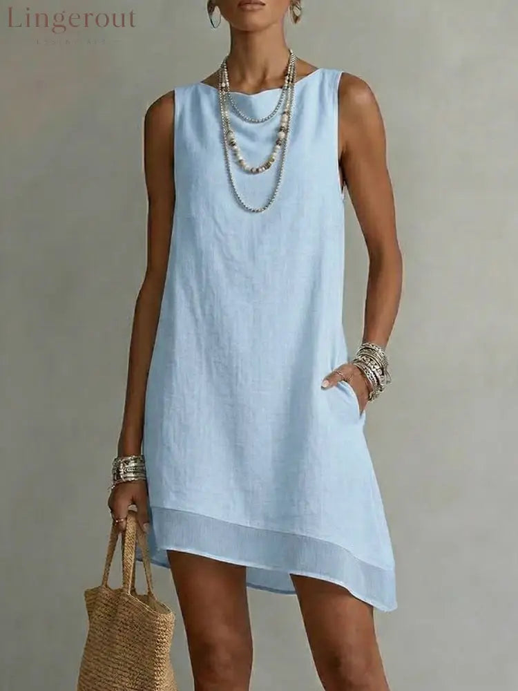 Women’s Bateau Neck Sleeveless Diagonal Skirt Dress - Blue / S
