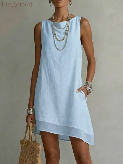 Women’s Bateau Neck Sleeveless Diagonal Skirt Dress - Blue / S