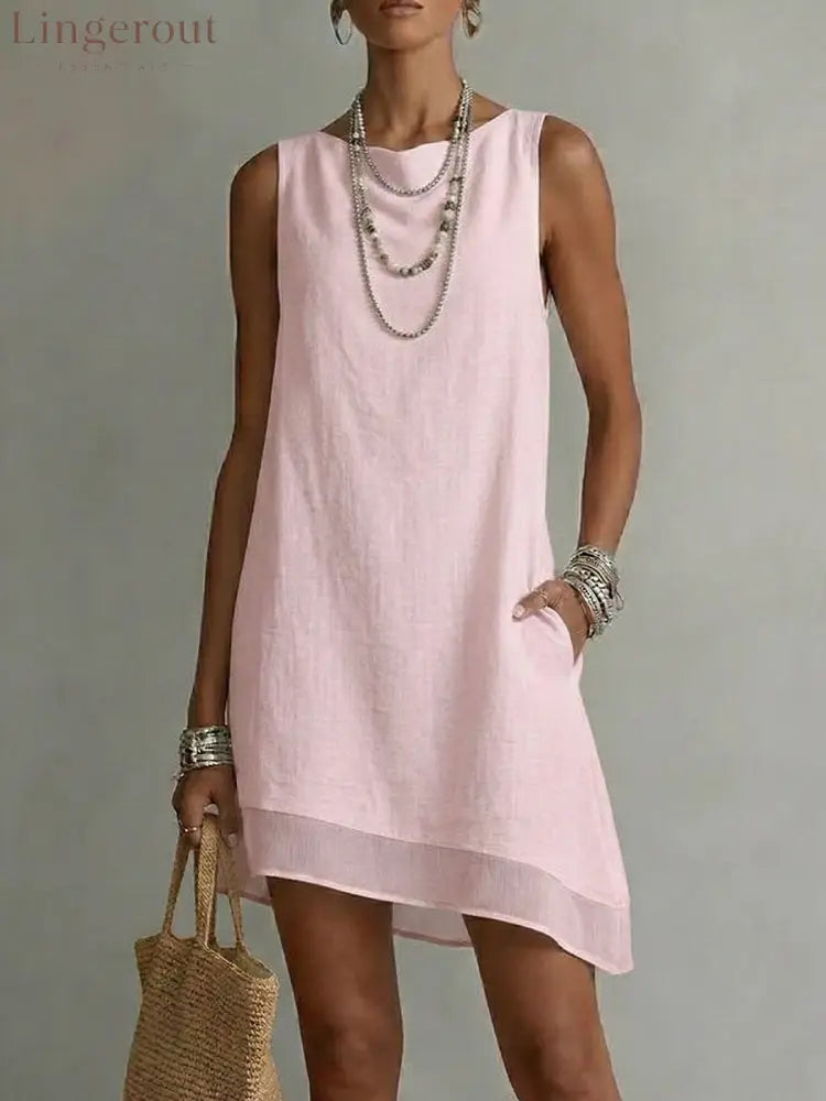 Women’s Bateau Neck Sleeveless Diagonal Skirt Dress - Pink / S