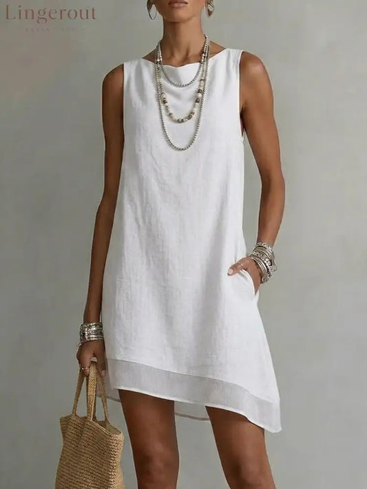 Women’s Bateau Neck Sleeveless Diagonal Skirt Dress - White / S