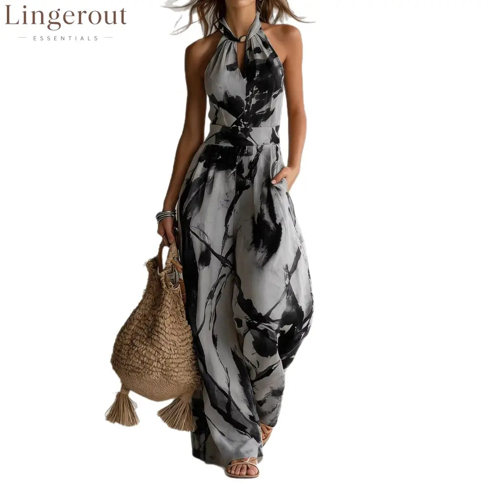 Women’s Beige Abstract Print Halter Wide-Leg Jumpsuit