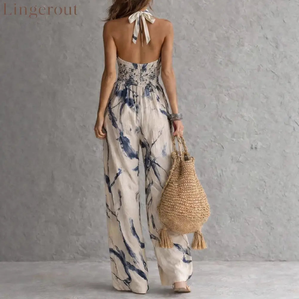 Women’s Beige Abstract Print Halter Wide-Leg Jumpsuit