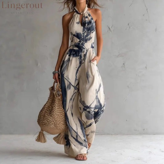 Women’s Beige Abstract Print Halter Wide-Leg Jumpsuit - Navy blue / S