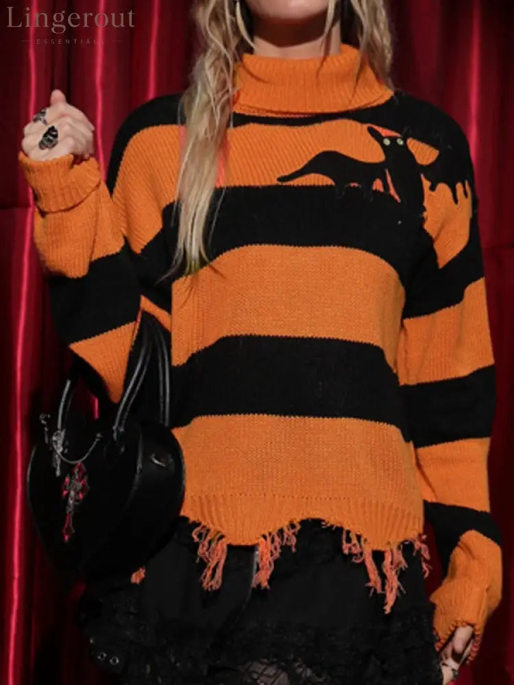 Women’s Black Orange Stripe Turtleneck Bat Applique Fringed Hem Halloween Sweater
