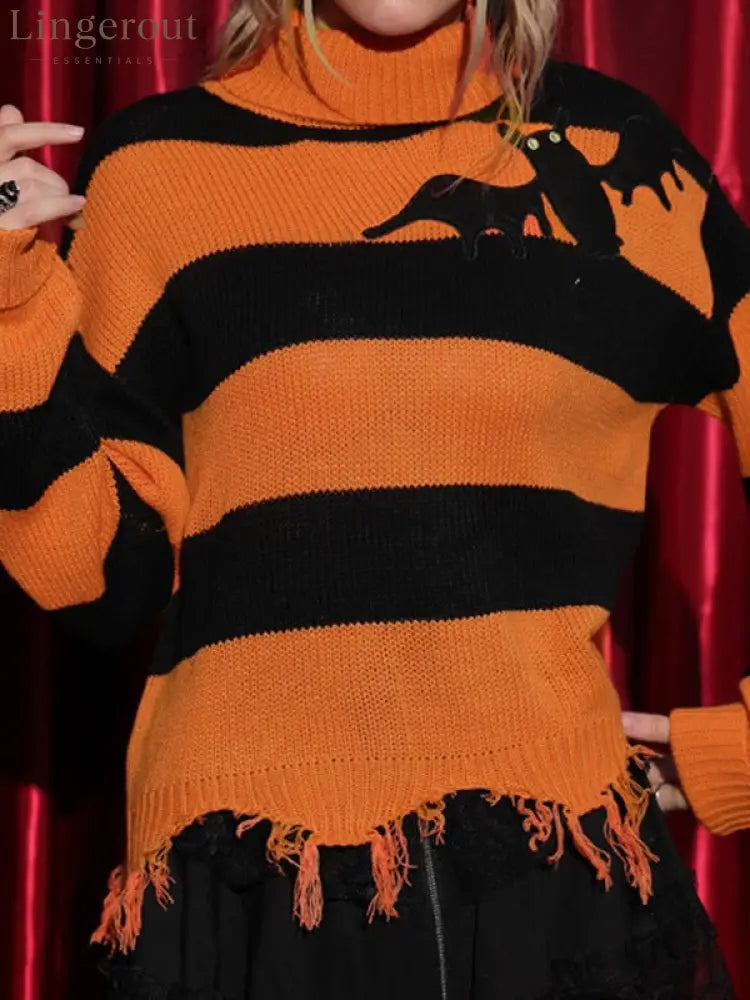 Women’s Black Orange Stripe Turtleneck Bat Applique Fringed Hem Halloween Sweater