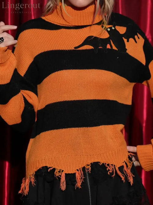 Women’s Black Orange Stripe Turtleneck Bat Applique Fringed Hem Halloween Sweater