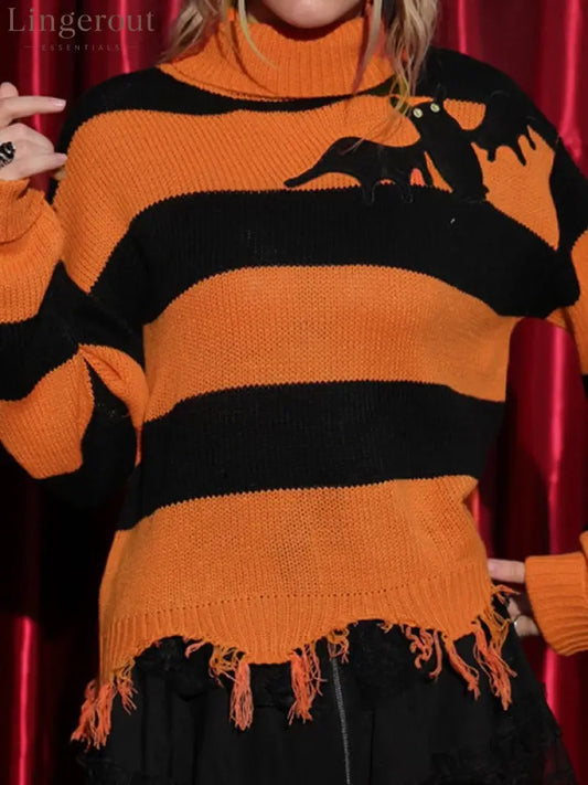 Women’s Black Orange Stripe Turtleneck Bat Applique Fringed Hem Halloween Sweater