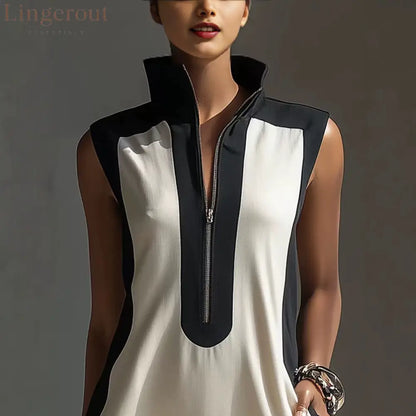 Women’s Black & White Color-Block Mini Dress With Stand Collar