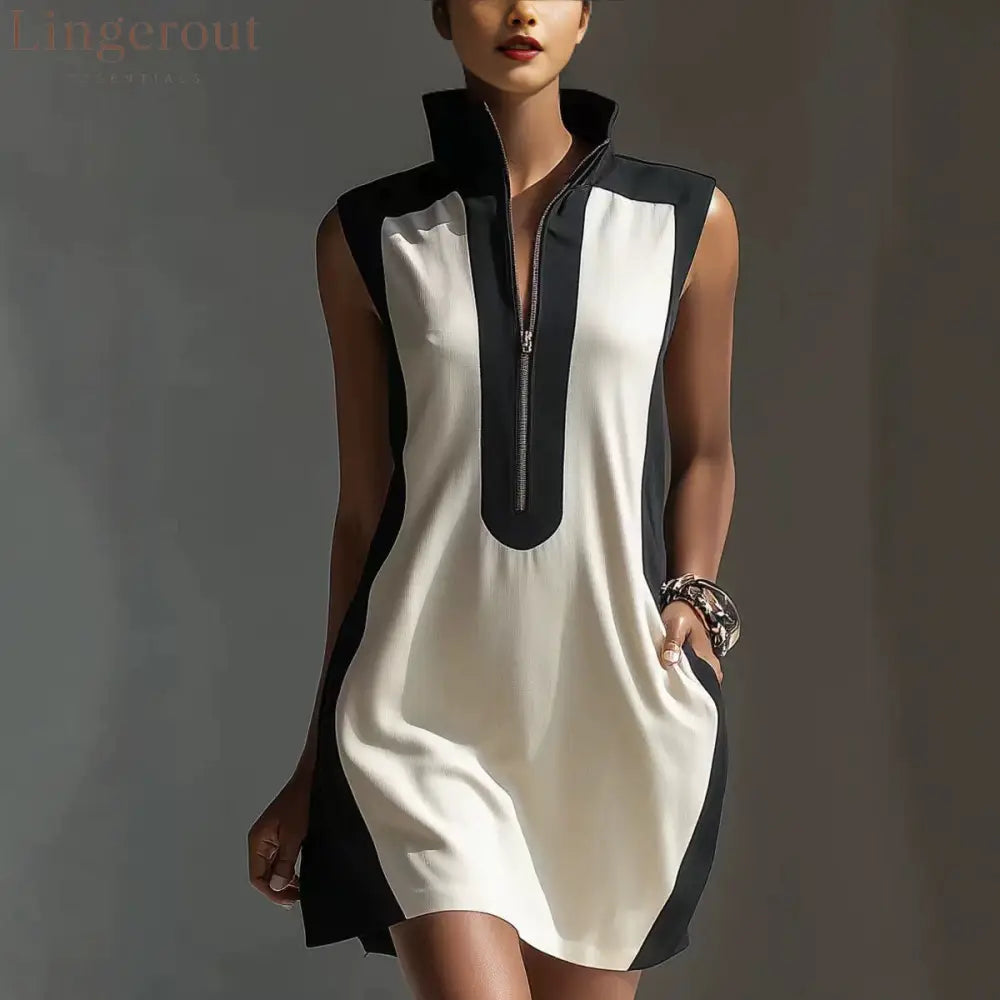Women’s Black & White Color-Block Mini Dress With Stand Collar