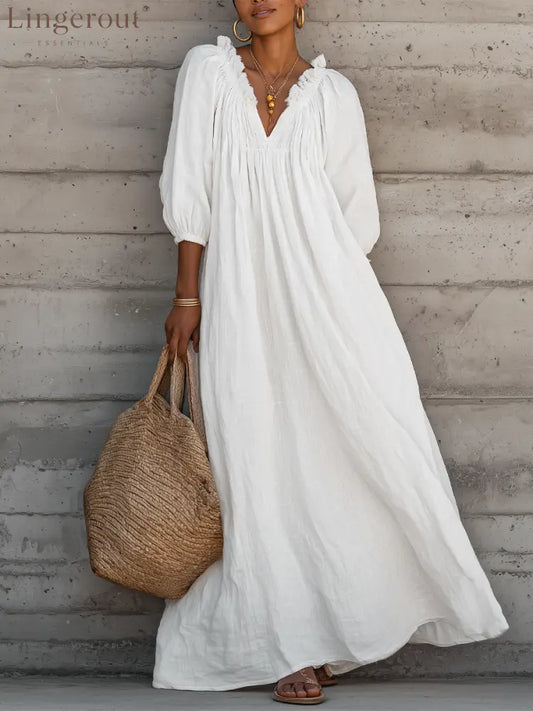 Women’s Breezy Cotton-linen Maxi Dress With Lettuce-edge V-neck, perfect For Vacation - White / XS