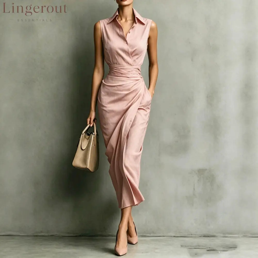 Women’s Burgundy Sleeveless Wrap Shirt Midi Dress - Elegant Office & Evening Wear