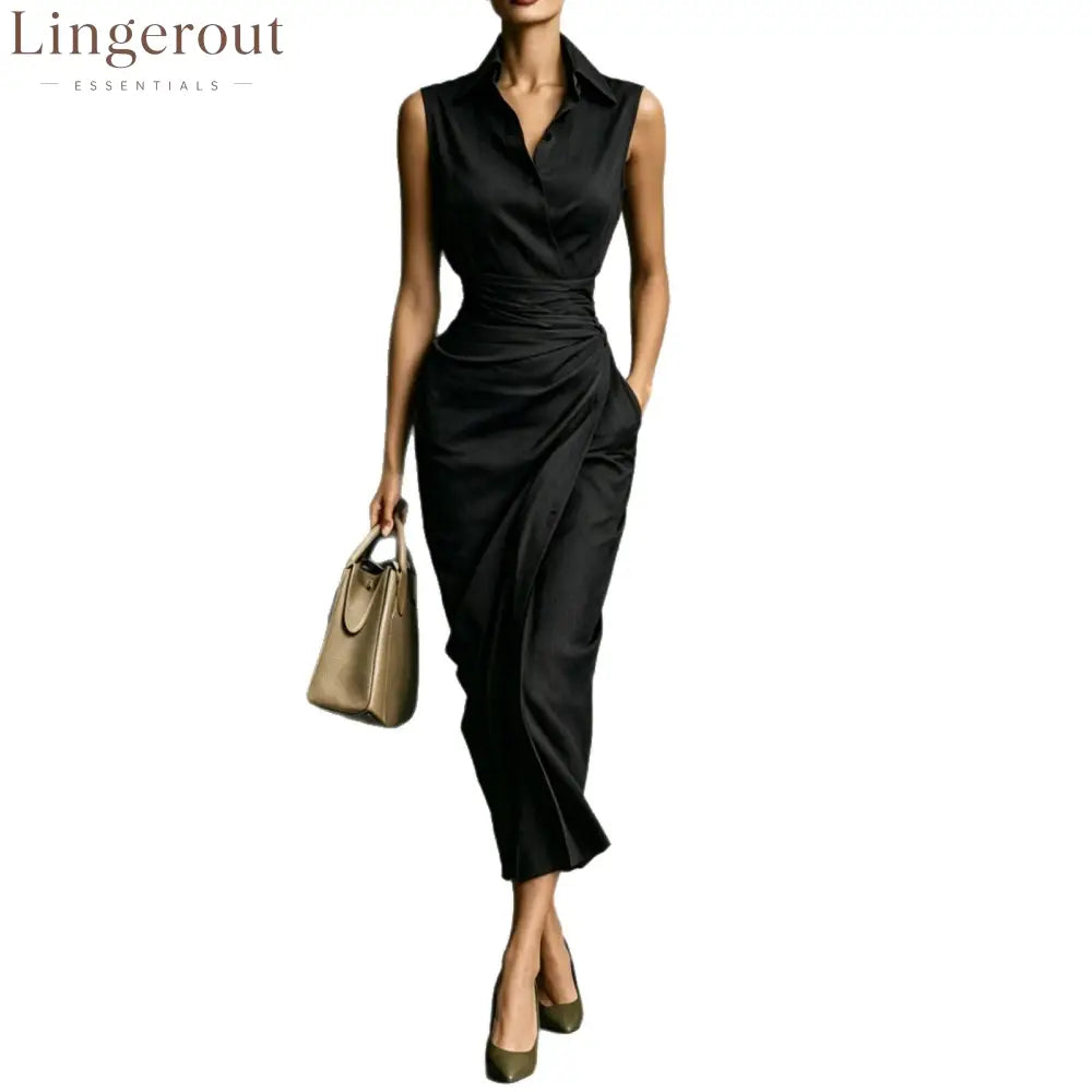 Women’s Burgundy Sleeveless Wrap Shirt Midi Dress - Elegant Office & Evening Wear