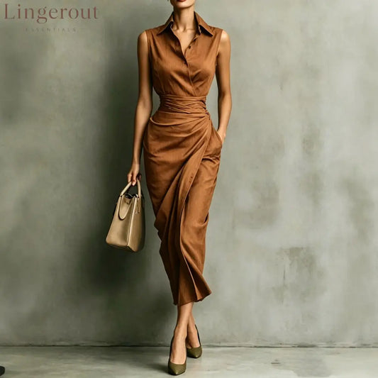Women’s Burgundy Sleeveless Wrap Shirt Midi Dress - Elegant Office & Evening Wear - Amber / S