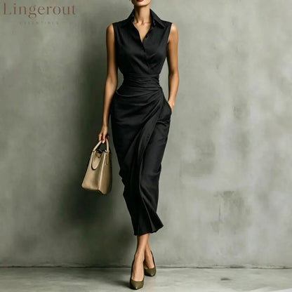 Women’s Burgundy Sleeveless Wrap Shirt Midi Dress - Elegant Office & Evening Wear - Black / S