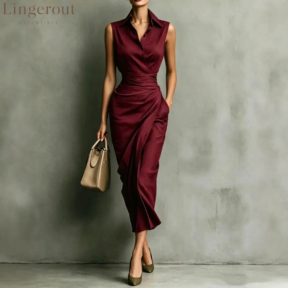 Women’s Burgundy Sleeveless Wrap Shirt Midi Dress - Elegant Office & Evening Wear - Deep red / S