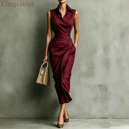 Women’s Burgundy Sleeveless Wrap Shirt Midi Dress - Elegant Office & Evening Wear - Deep red / S