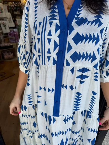 Women’s Button V Neck Geometric Print Dress