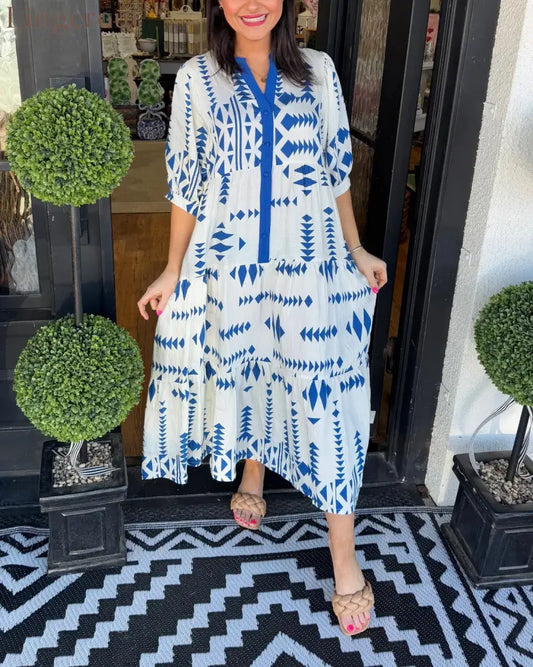 Women’s Button V Neck Geometric Print Dress - Blue / S