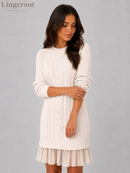 Women’s Cable Knit Sweater Dress – Pleated Hem Mini Style - Mini Dress