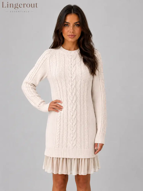 Women’s Cable Knit Sweater Dress – Pleated Hem Mini Style - Cream / S - Mini Dress
