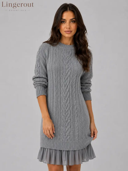 Women’s Cable Knit Sweater Dress – Pleated Hem Mini Style - Grey / S - Mini Dress