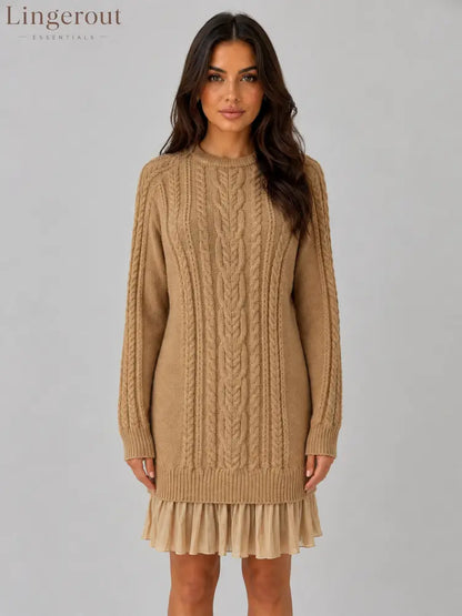 Women’s Cable Knit Sweater Dress – Pleated Hem Mini Style - Khaki / S - Mini Dress