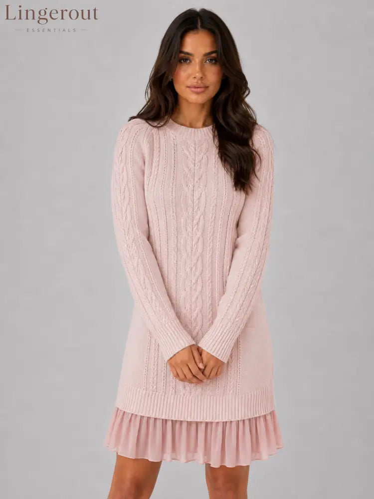 Women’s Cable Knit Sweater Dress – Pleated Hem Mini Style - Pink / S - Mini Dress