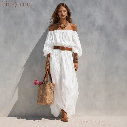Women’s Casual Beige Woven Off-Shoulder Long-Sleeve Maxi Dress (with Belt)