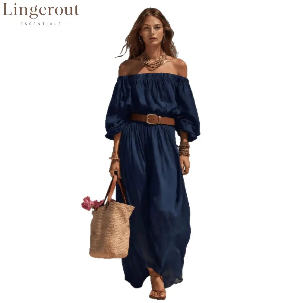 Women’s Casual Beige Woven Off-Shoulder Long-Sleeve Maxi Dress (with Belt)