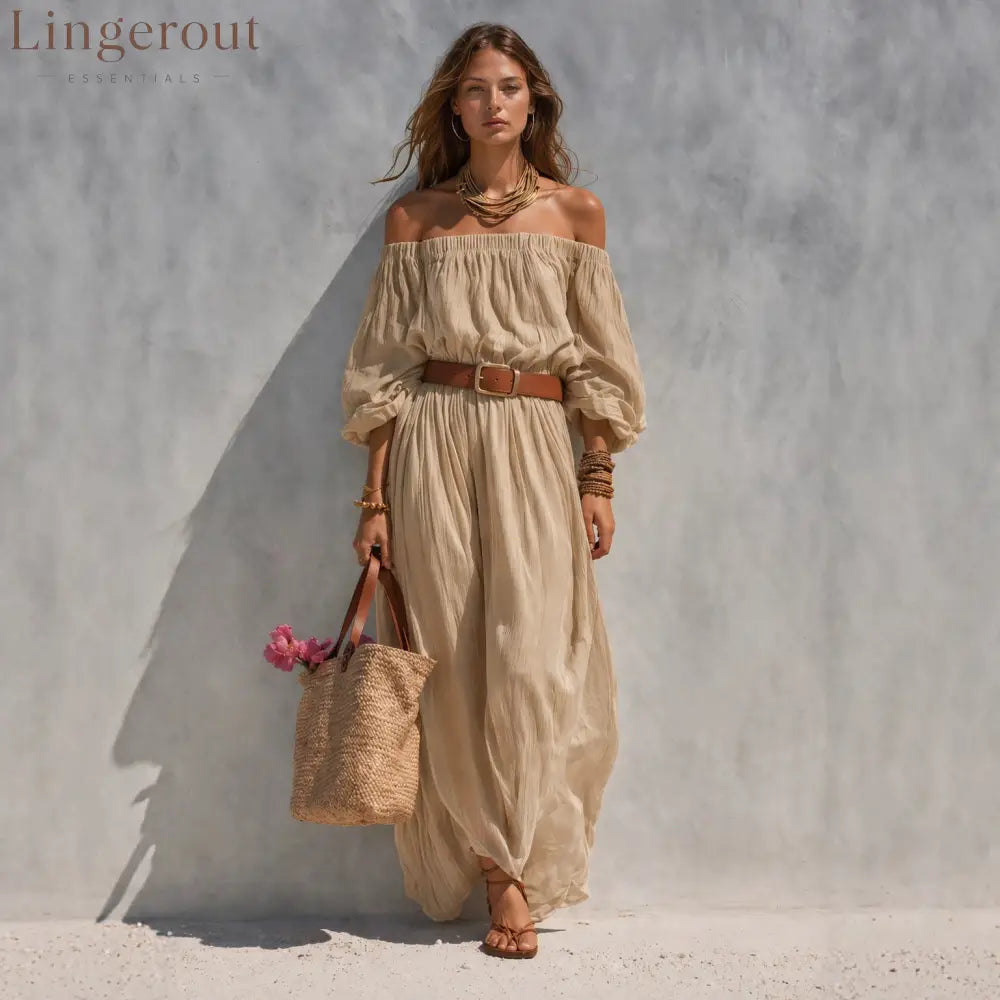 Women’s Casual Beige Woven Off-Shoulder Long-Sleeve Maxi Dress (with Belt)