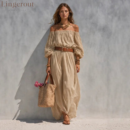 Women’s Casual Beige Woven Off-Shoulder Long-Sleeve Maxi Dress (with Belt)