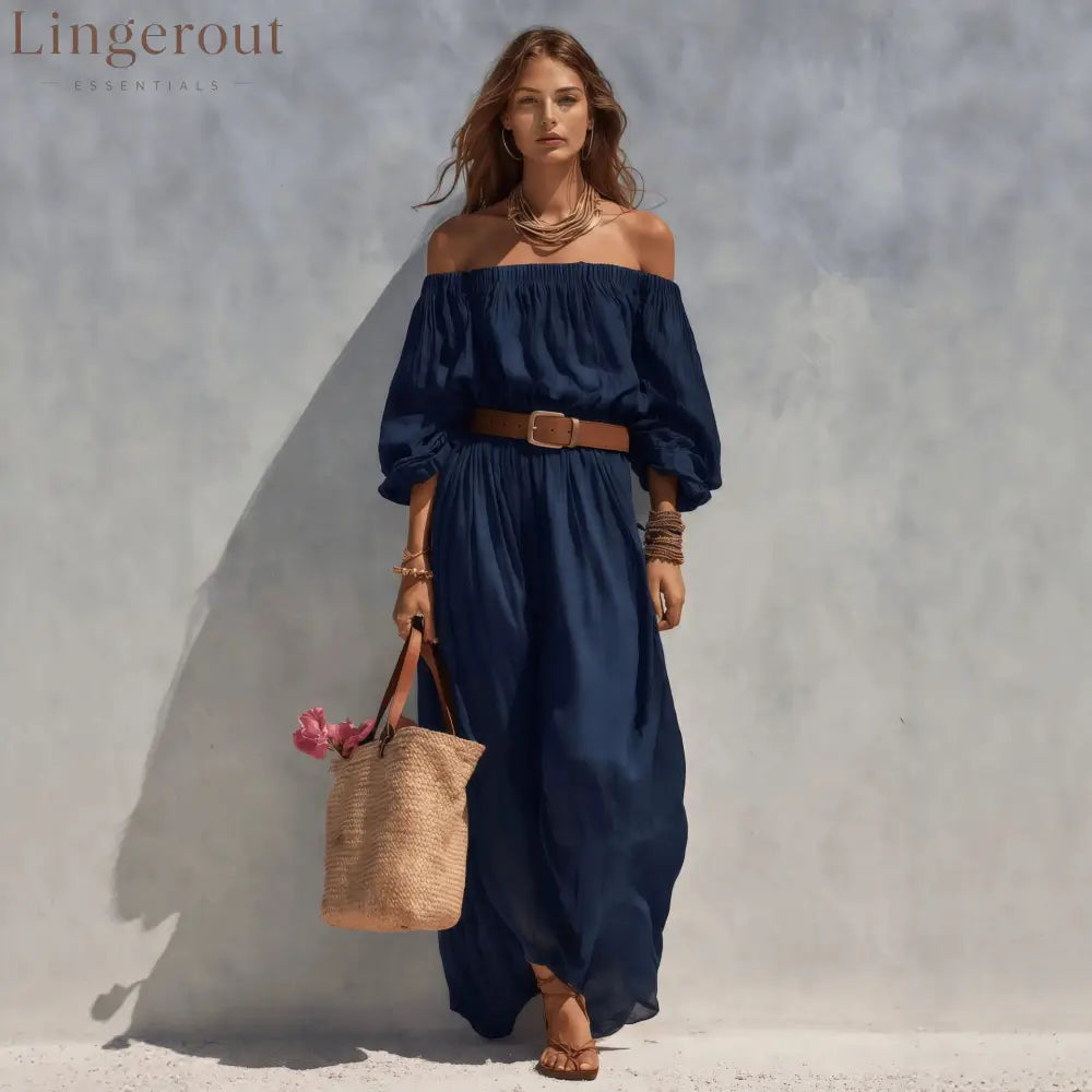 Women’s Casual Beige Woven Off-Shoulder Long-Sleeve Maxi Dress (with Belt)