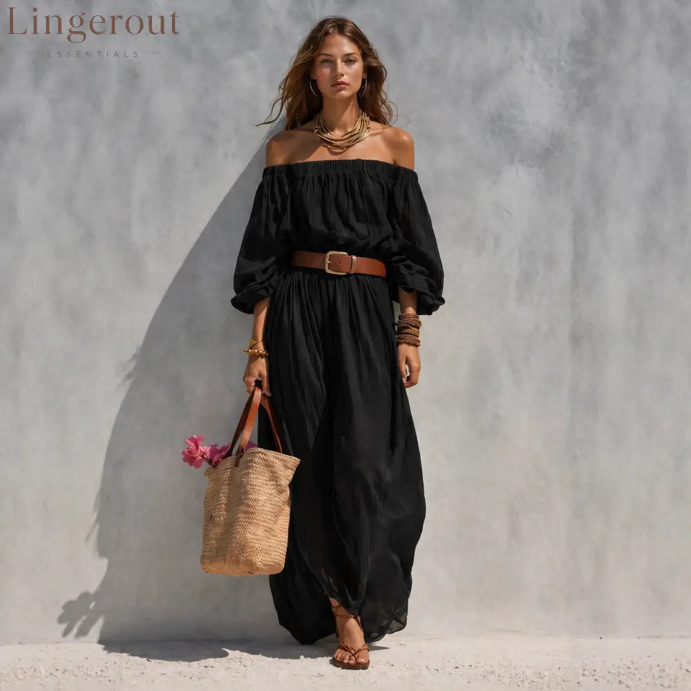 Women’s Casual Beige Woven Off-Shoulder Long-Sleeve Maxi Dress (with Belt)