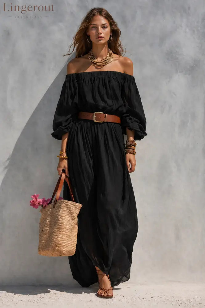 Women’s Casual Beige Woven Off-Shoulder Long-Sleeve Maxi Dress (with Belt) - Black / S