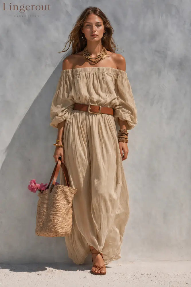 Women’s Casual Beige Woven Off-Shoulder Long-Sleeve Maxi Dress (with Belt) - Light Brown / S