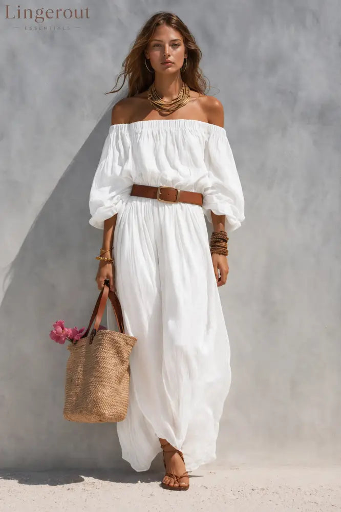 Women’s Casual Beige Woven Off-Shoulder Long-Sleeve Maxi Dress (with Belt) - White / S