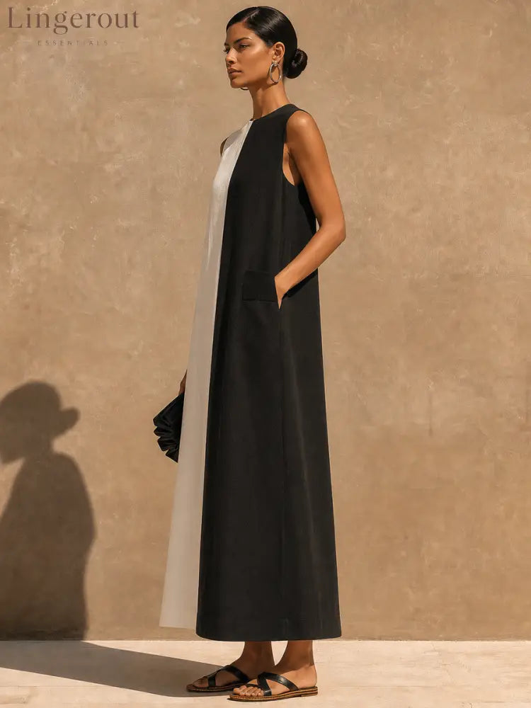 Women’s Casual Cotton-Linen Color-Block Maxi Dress - Dress