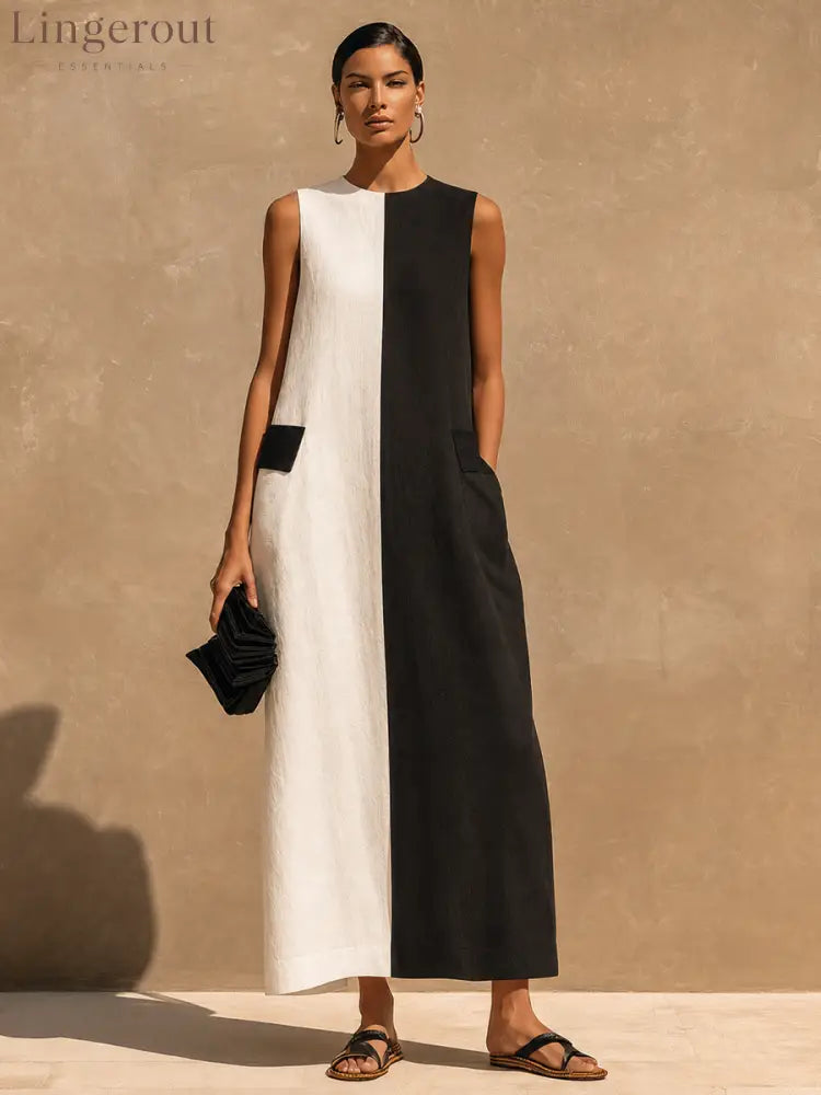 Women’s Casual Cotton-Linen Color-Block Maxi Dress - Dress