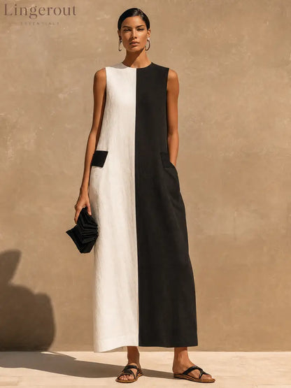Women’s Casual Cotton-Linen Color-Block Maxi Dress - Dress