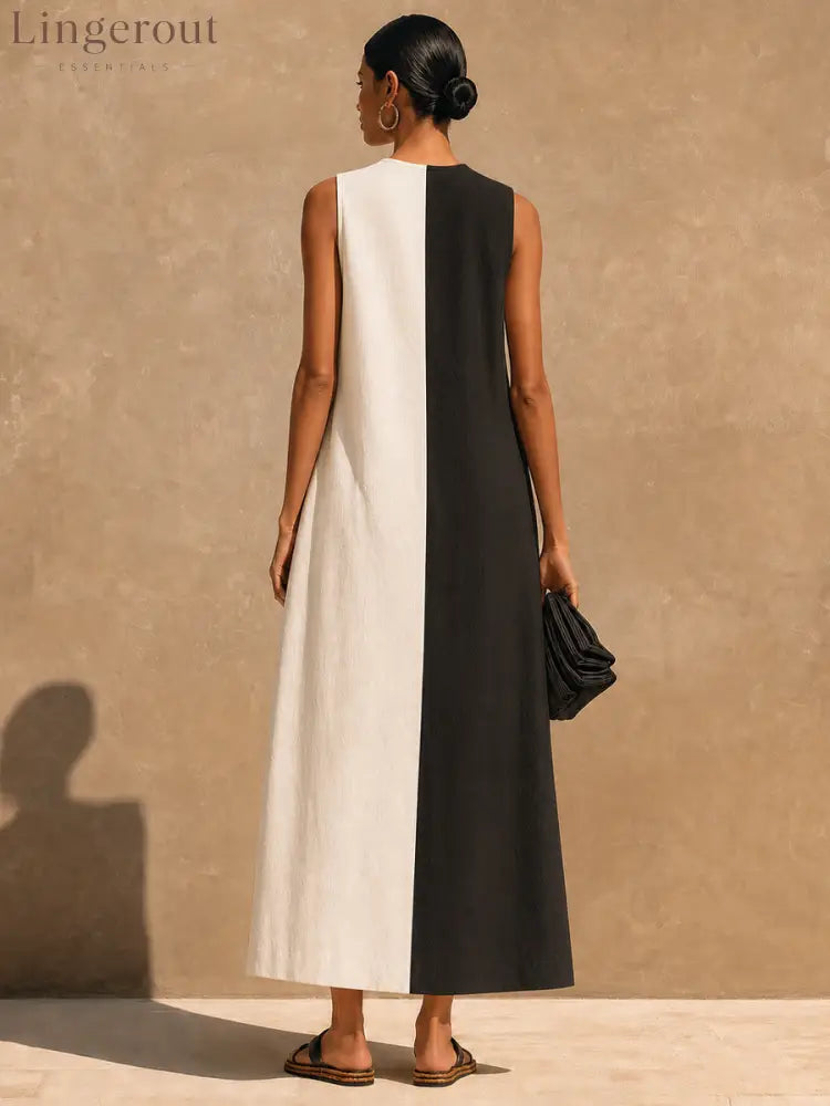 Women’s Casual Cotton-Linen Color-Block Maxi Dress - Dress