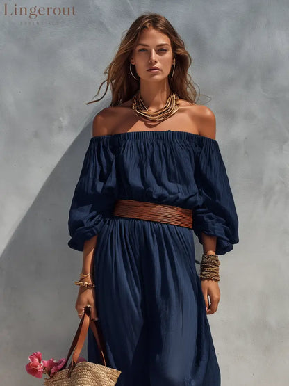 Women’s Casual Dark Blue Cotton Linen Strapless Long-sleeved Dress (belt Not Included)