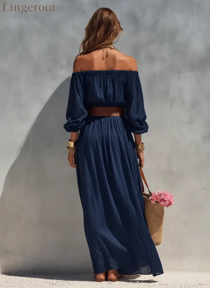 Women’s Casual Dark Blue Cotton Linen Strapless Long-sleeved Dress (belt Not Included)