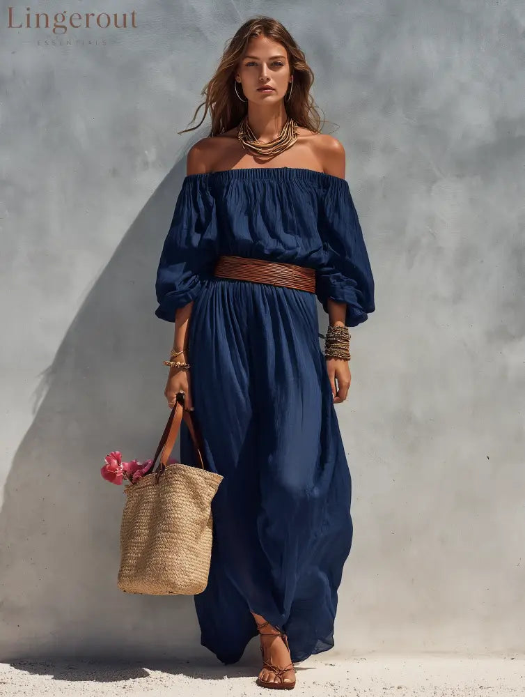 Women’s Casual Dark Blue Cotton Linen Strapless Long-sleeved Dress (belt Not Included)