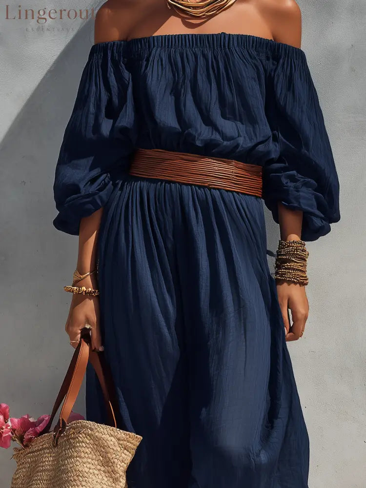 Women’s Casual Dark Blue Cotton Linen Strapless Long-sleeved Dress (belt Not Included)
