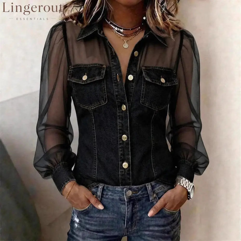 Women’s Casual Denim Patchwork Chiffon See Through Button Pocket Long Sleeve Blouse