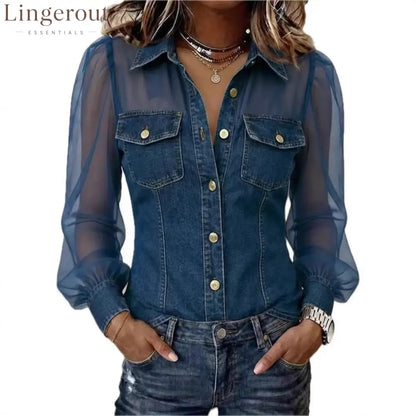 Women’s Casual Denim Patchwork Chiffon See Through Button Pocket Long Sleeve Blouse