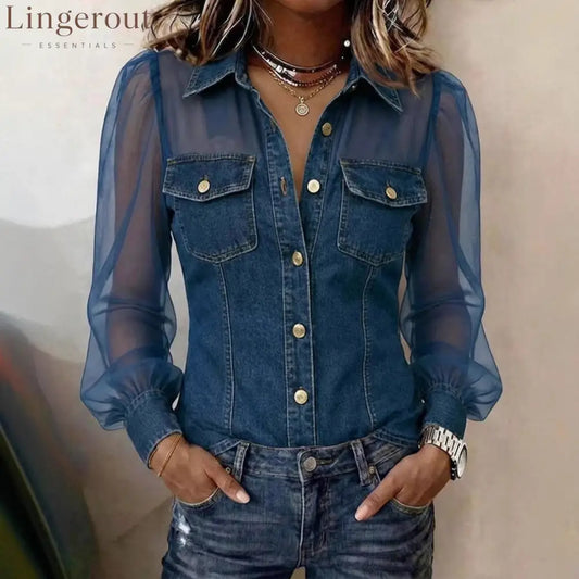 Women’s Casual Denim Patchwork Chiffon See Through Button Pocket Long Sleeve Blouse