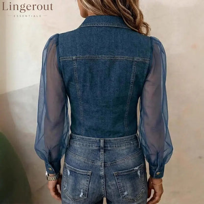 Women’s Casual Denim Patchwork Chiffon See Through Button Pocket Long Sleeve Blouse
