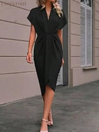 Women’s Casual Dress Midi Dress Ruched Date Vacation Streetwear Basic V Neck Short Sleeve Black Pink Dark Green Color