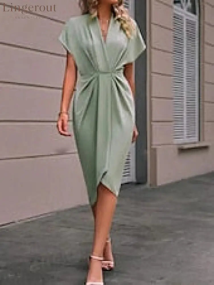 Women’s Casual Dress Midi Dress Ruched Date Vacation Streetwear Basic V Neck Short Sleeve Black Pink Dark Green Color